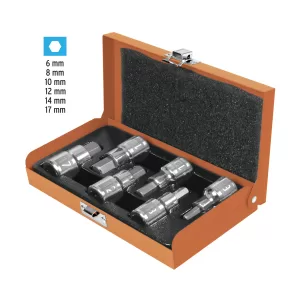 Juego de 6 dados cuadro 1/2" punta hex mm, estuche metálico