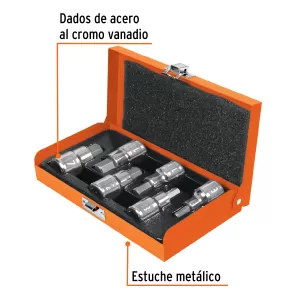 Juego de 6 dados cuadro 1/2" punta hex mm, estuche metálico