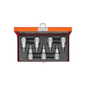 Juego de 7 dados cuadro 1/2" punta torx, estuche metálico