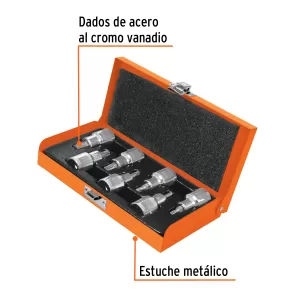 Juego de 7 dados cuadro 1/2" punta torx, estuche metálico