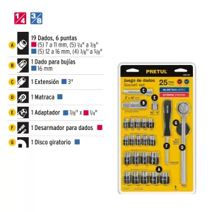 Juego de 25 herramientas 1/4" y 3/8" para mecánico, Pretul